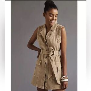 Pilcro Anthropology Denim Button Belted Front Dress Tan Sleeveless Size 2 Pocket